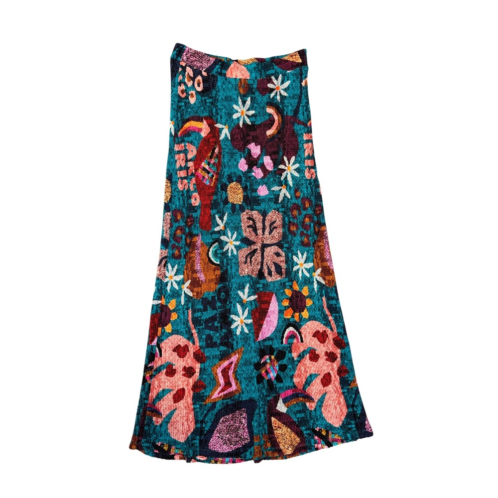 Farm Rio Anthropologie Maxi Skirt Women L Teal Multi Tropical Toucan Floral